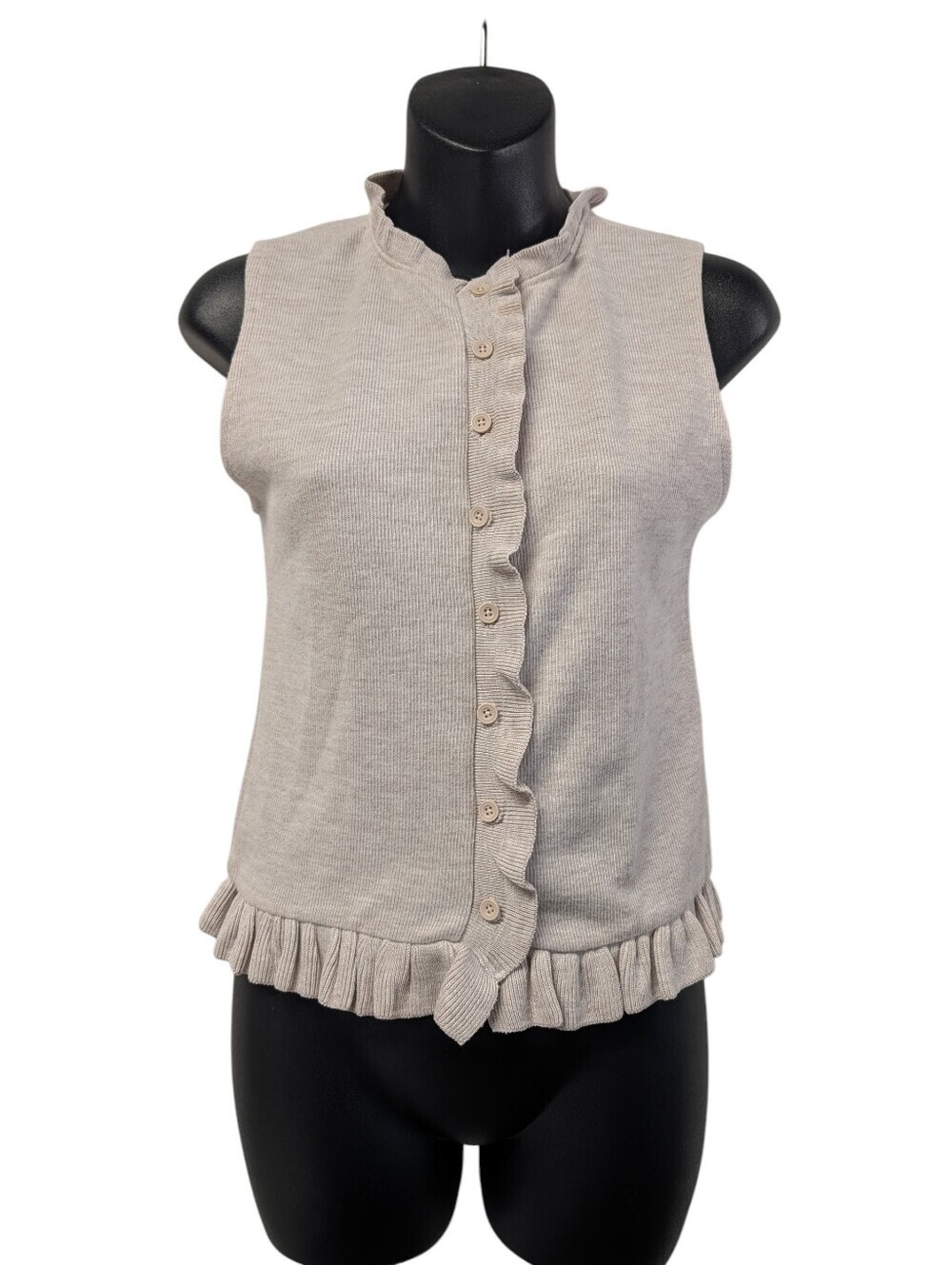 Zara Beige Ribbed Knit Ruffle Button Front Sleeveless Top Vest Size M NWT